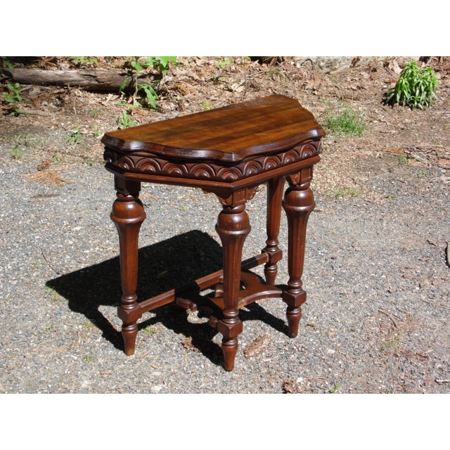 Spanish Revival Vintage Jacobean Spanish Revival Style Solid Walnut Entry Table Demilune Table For Sale - Image 3 of 11