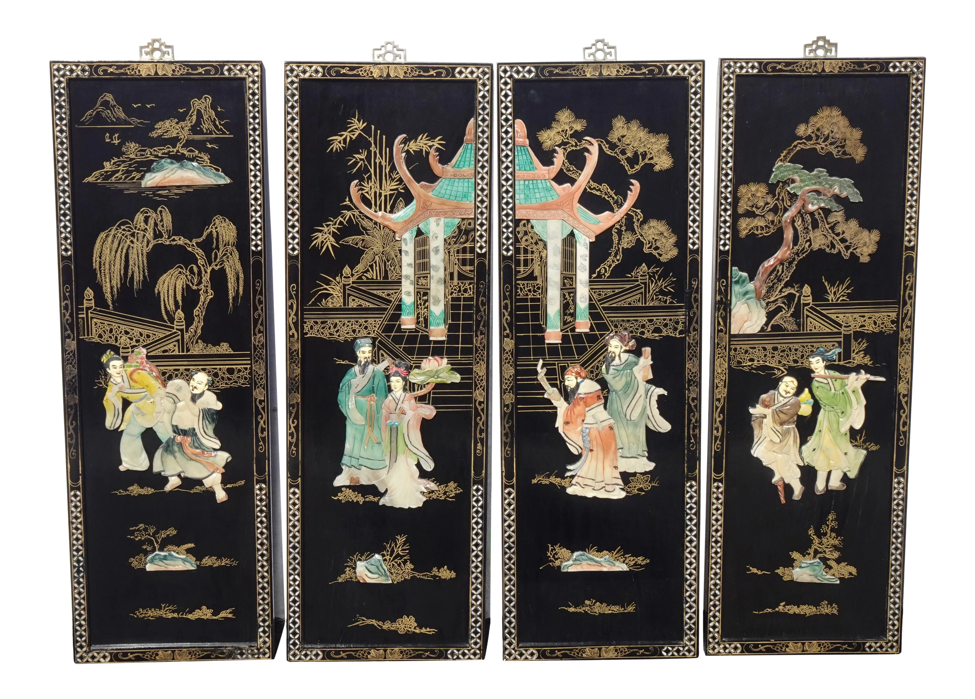 Vintage Black Oriental Asian Wall Four Panel Screen ~ Temple W Geisha's Picture - image 0