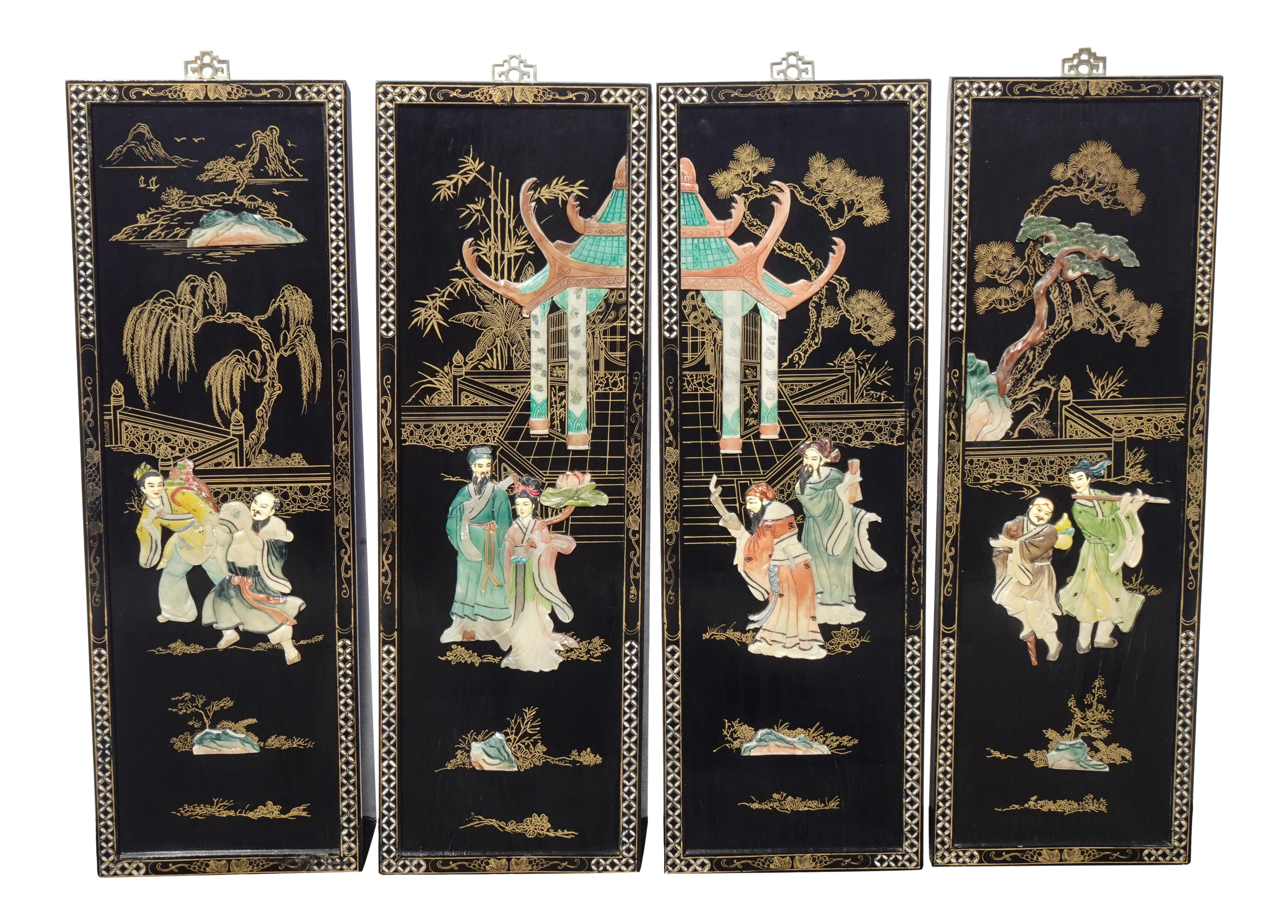Vintage Black Oriental Asian Wall Four Panel Screen ~ Temple W Geisha's Picture - image 0
