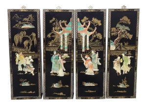 Vintage Black Oriental Asian Wall Four Panel Screen ~ Temple W Geisha's Picture