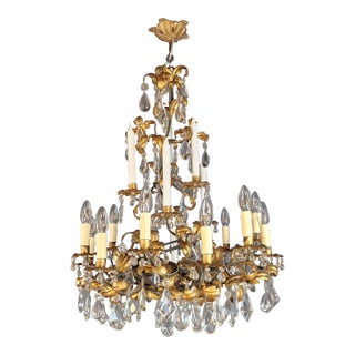 1930s Art Deco Candle Light Traditional Antik Wrought Iron Crystal Ceiling Chandelier For Sale