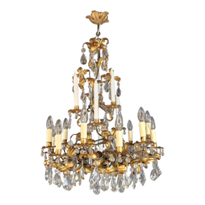 1930s Art Deco Candle Light Traditional Antik Wrought Iron Crystal Ceiling Chandelier