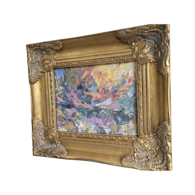 Hollywood Regency Original Abstract Expressionist "Sunrise" Oil Painting in Ornate Gold Frame For Sale - Image 3 of 9