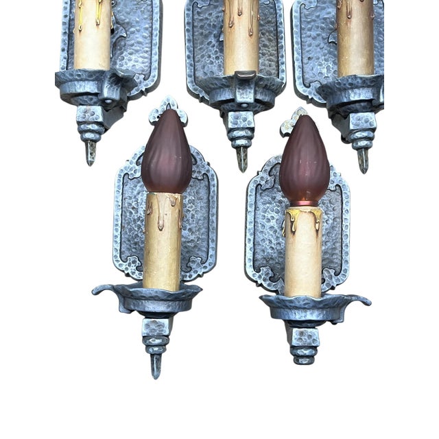 1910s Bare Bulb 4 + 1 Hammered Wall Sconces Storybook or Spanish Revival Mission Style #2598 For Sale In Los Angeles - Image 6 of 14