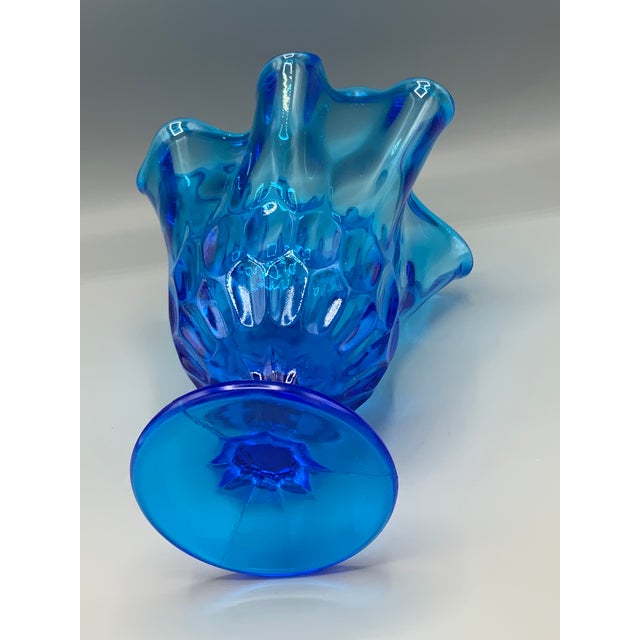 1950s 1950s Fenton Colonial Blue Thumbprint Thousand Eye Footed Handkerchief Vase For Sale - Image 5 of 8