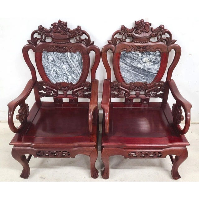 Mid Century Chinese Asian Rosewood & Marble Armchairs - a Pair For Sale - Image 13 of 13