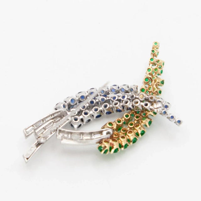 Silver 1960s Platinum and 18k Yellow Gold Sapphire Emerald and Diamond Brooch For Sale - Image 8 of 14