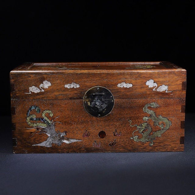 Huali Rosewood Box Inlaid With Mother-of-Pearl Dragon & Phoenix For Sale In Los Angeles - Image 6 of 9