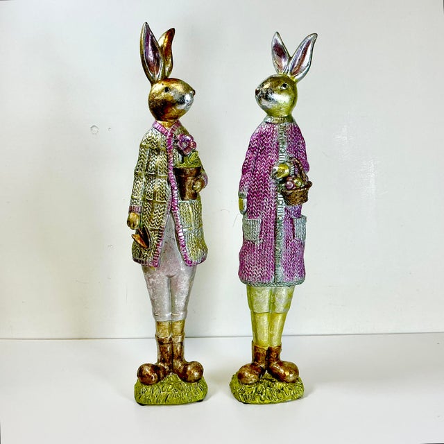 Vintage Boho Chic Shabby Chic Foil Wrapped Plaster Tall Rabbits - A Pair - Easter For Sale - Image 12 of 14