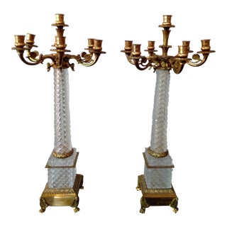 Vintage Charles V and Diamond Point Crystal Seven Candle Candelabras - A Pair For Sale