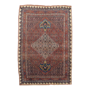 Antique Bijar Carpet Oriental Rug, Handmade, Ivory, Rust, Light Blue, Terracotta