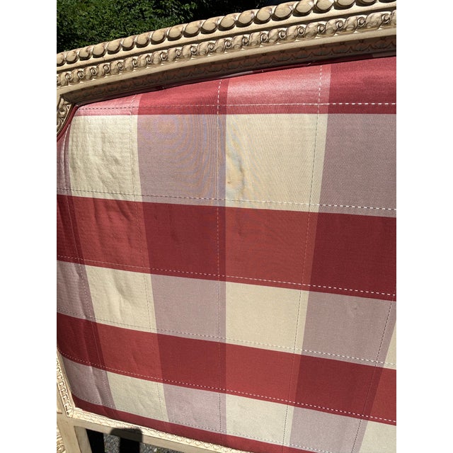 French Provincial Style Carved Wood King Headboard With Checked Fabric For Sale - Image 9 of 12