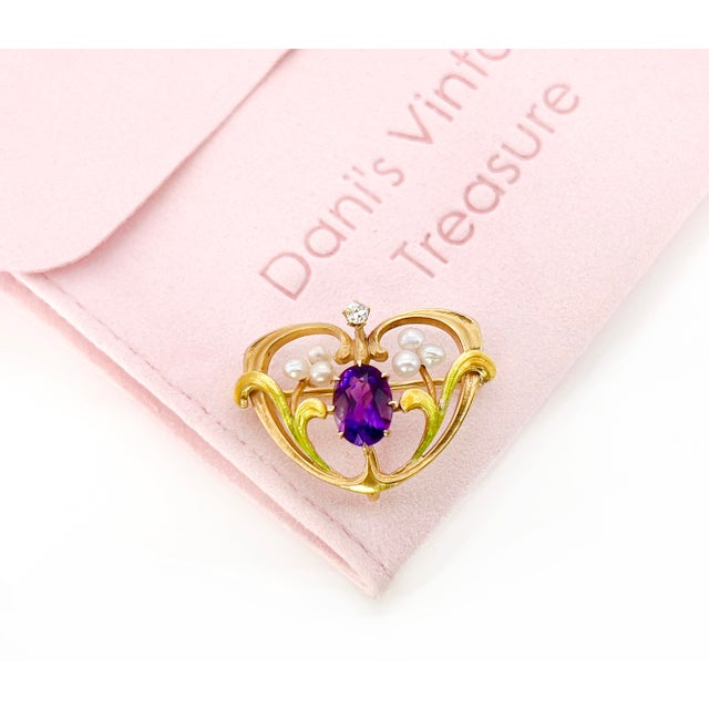 1910s Art Nouveau Amethyst, Pearl & Enamel Brooch, Watch Pin, 14k For Sale In Los Angeles - Image 6 of 9