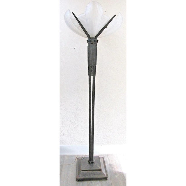 Atelier Petitot 1930s French Art Deco Wrought Iron and Sculpted Frosted Glass Torchiere Floor Lamp Attributed to Atelier Petitot and Muller Frères For Sale - Image 4 of 18