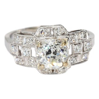 Vintage Platinum Art Deco Ring With Old European Cut Center Diamond - Size 4.5 For Sale