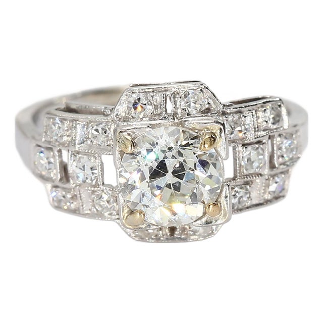 Vintage Platinum Art Deco Ring With Old European Cut Center Diamond - Size 4.5 For Sale