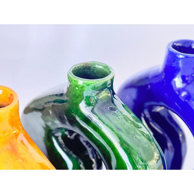 Vase in Enameled Ceramic Green, Blue and White, Italy, 1970s, Set of 3 For Sale - Image 9 of 12