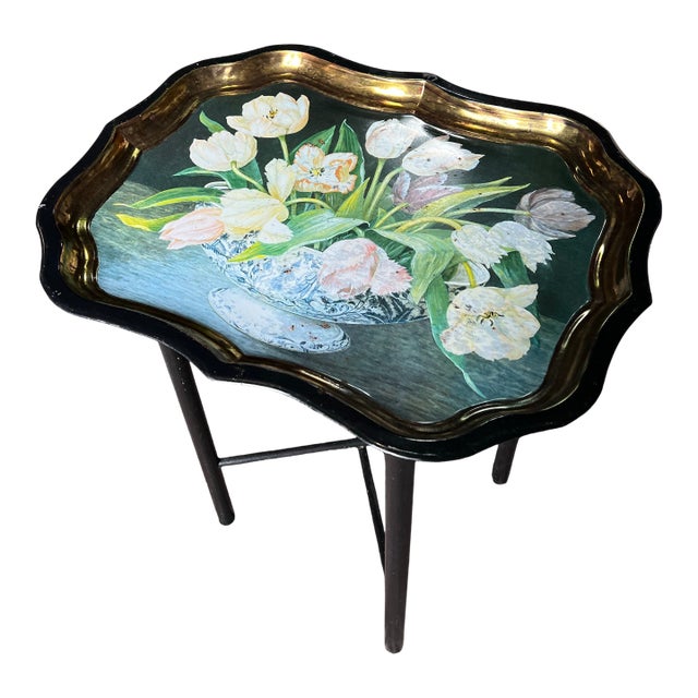 1980s Floral Black Tray With Stand, Made in England For Sale