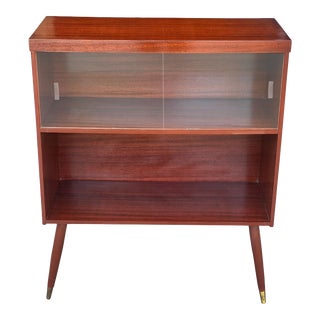 Mid-Century Modern Walnut Glass Sliding Door Bookcase Cabinet For Sale