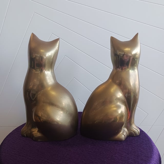Large 9" Heavy Vintage Solid Brass Sitting Cat Bookends - Pair For Sale In Tampa - Image 6 of 6