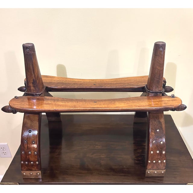 Mid 20th Century Mid-20th Century, Egyptian, Wooden Camel Saddle/Stool, With a Hand/Tooled, Embossed, Leather Cushion, and Brass Feet and Stud Ornamentation, 1950 For Sale - Image 5 of 10
