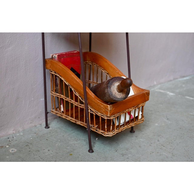 Wood Rustic Grocery Store Shelf with Wrought Iron and Wicker Baskets, 1960s For Sale - Image 7 of 14