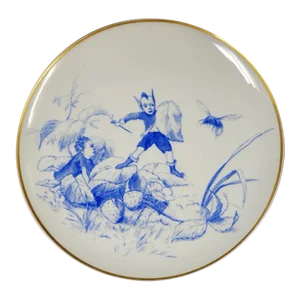 Vintage Blue and White Plate With Elves, Elf With Bee