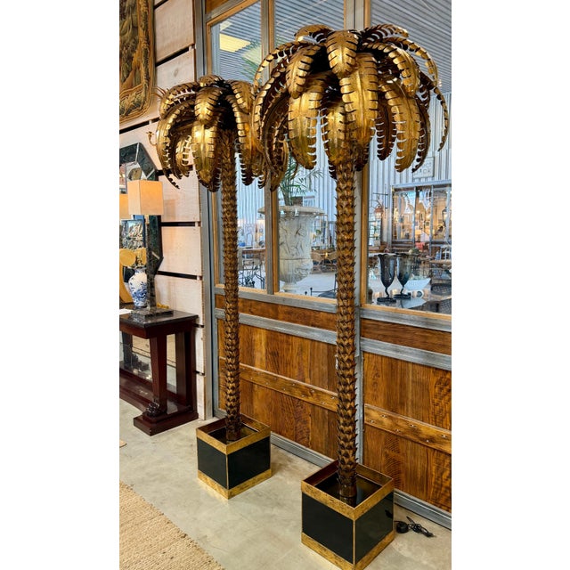 Monumental Pair of Maison Jansen Gilt Metal Palm Tree Floor Lamps For Sale - Image 9 of 16