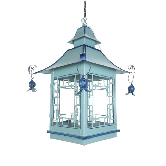 Chinoiserie Vintage Double Pagoda Blue Three Light Chandelier For Sale - Image 3 of 7