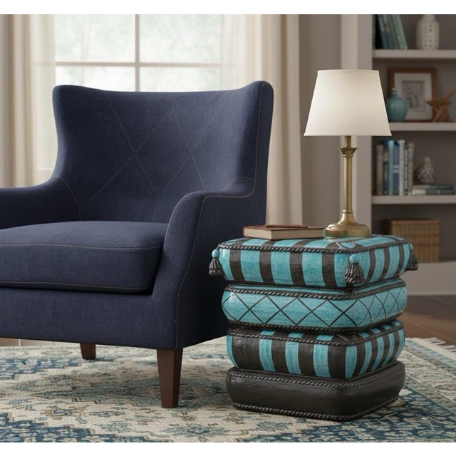 Hand-Painted Italian Ceramic Cushion Stool For Sale In West Palm - Image 6 of 8