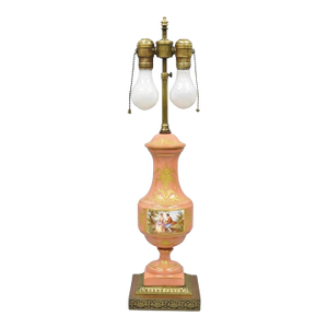 Antique French Victorian Salmon Coral Pink Porcelain Hand Painted Urn Table Lamp