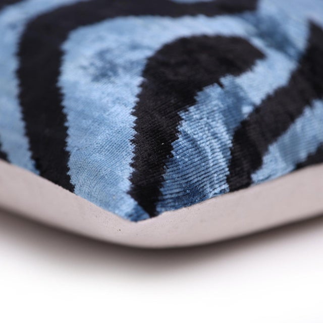 Blue Black Zebra Silk Velvet Pillow – 16x16 Handmade Ikat Cushion For Sale - Image 4 of 9