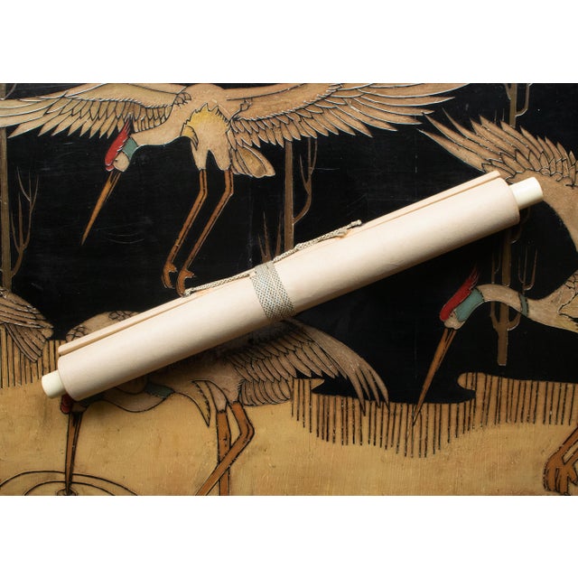 Taisho to Showa Era Japanese Silk Scroll Painting "Two Cranes and a Pine Tree" For Sale - Image 16 of 18