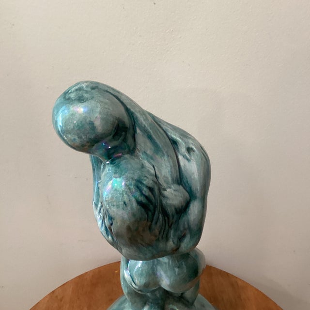 Vintage Art Deco Inspired Ceramic Iridescent Glazed Sculpture" Embracing Couple" Signed Dated For Sale - Image 4 of 12