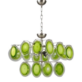 Mid-Century Italian Modernist Chandelier by Gino Vistosi, 1970s Murano Green Glass Disc and Chrome For Sale