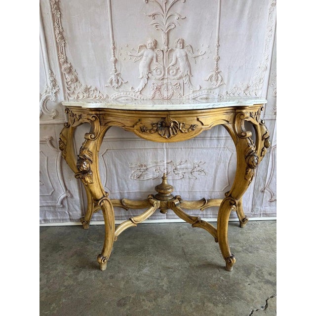 French Louis XV Style Carved Giltwood Console Table With White Marble Top For Sale - Image 14 of 15