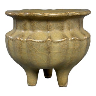 Chinese Celadon Lobed Tripod Vessel, Collectible Crackle‑Glaze Decorative Censer For Sale