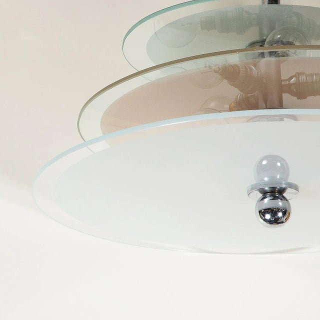 1930s Art Deco Machine Age Three-Tier Chandelier in Frosted Copper and Glass For Sale - Image 4 of 11