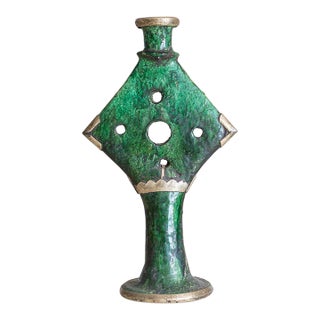 Vintage Moroccan Tamegroute Green Glazed Candle Holder With Brass Accents For Sale