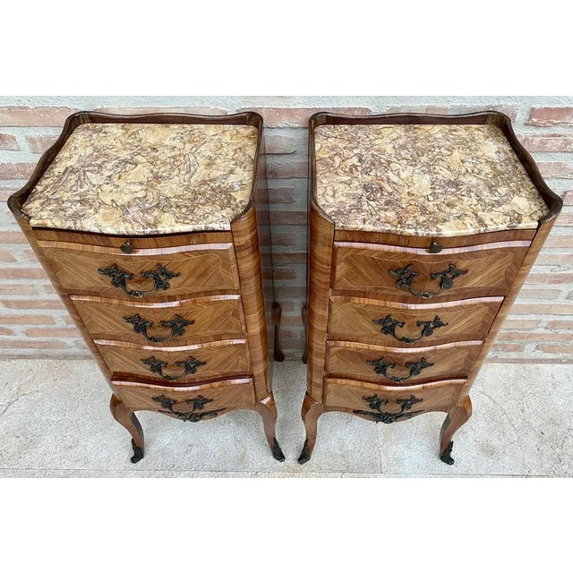 Brown Late 19th Century French Louis XV Style Marquetry & Marble Chests of Drawers, Set of 2 For Sale - Image 8 of 16