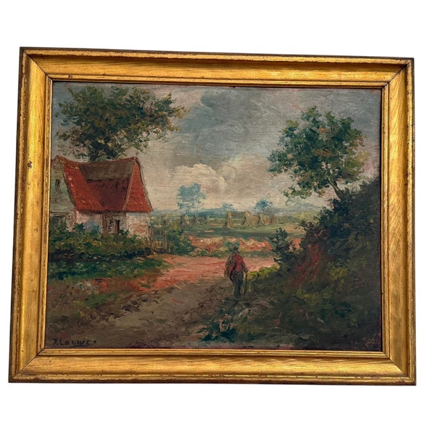 French Country Late 19th Century Gold Framed French Impressionist Oil on Board “Countryside Stroll” Artist Signed T. La Rive For Sale - Image 3 of 12