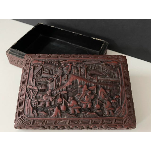 Chinese Antique Chinese Carved Dark Red Cinnabar Lacquer Box With Figural Scene For Sale - Image 3 of 12