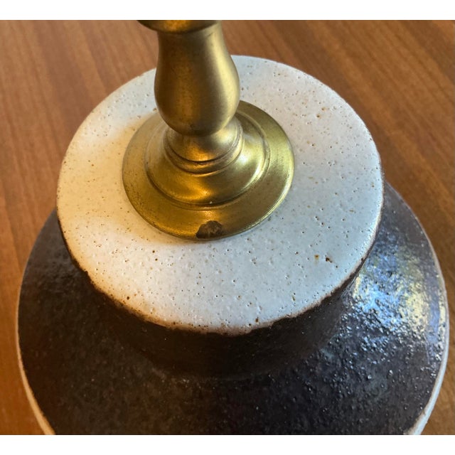 1970s Sculptural Mid-Century Modern Bruno Gambone Two-Tone Ceramic Table Lamp With Original String Shade For Sale - Image 9 of 9