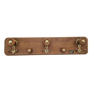 Wooden Clothes Rack with Brass Hooks, 1970s For Sale
