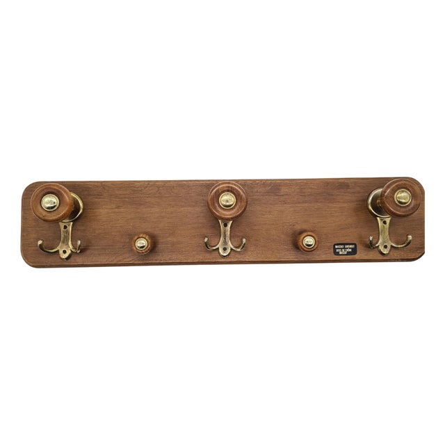 Wooden Clothes Rack with Brass Hooks, 1970s For Sale
