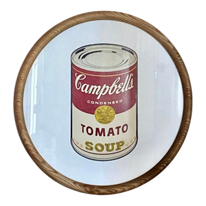 Re-Framed Andy Warhol Soup Can Lithograph on Linen in Round Oiled Wood Frame