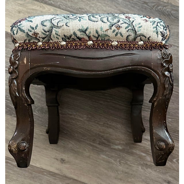 Mid 20th Century Vintage Early/Mid 20th Victorian Style Mahogany Wood and Upholstered Footstool For Sale - Image 5 of 10
