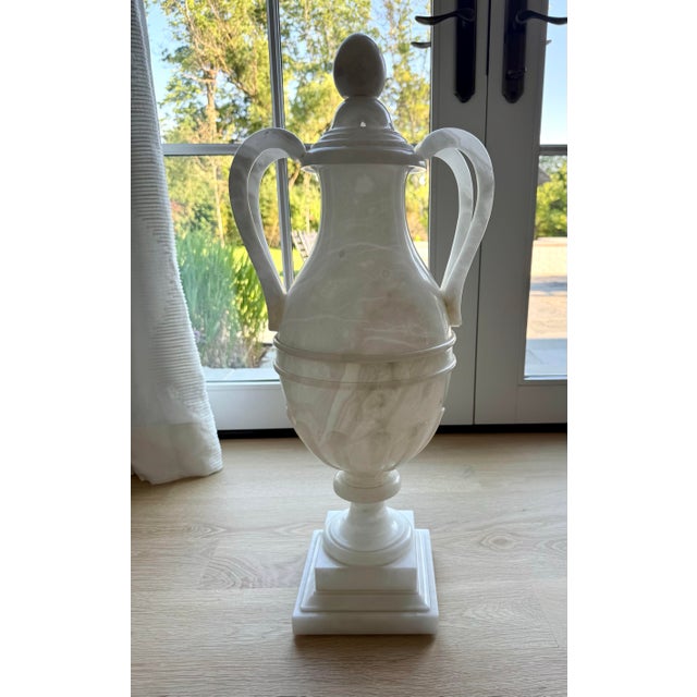 Monumental Hand-Carved Italian Neoclassical Alabaster Lidded Vessel, 29.5”, 2nd Quarter 20th Century For Sale - Image 4 of 12