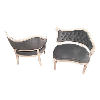 Hand Carved Vintage Slipper Chairs Light Blue Velvet Cushion/Tufting For Sale