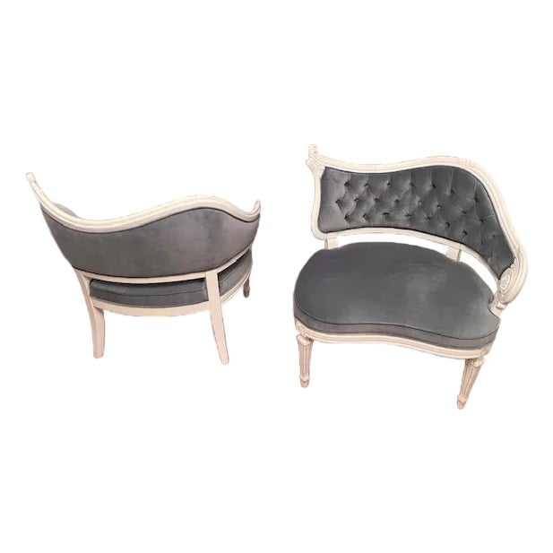 Hand Carved Vintage Slipper Chairs Light Blue Velvet Cushion/Tufting For Sale